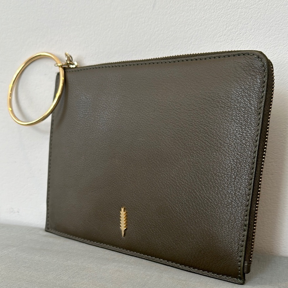 Olive Green Leather Clutch with Gold Ring